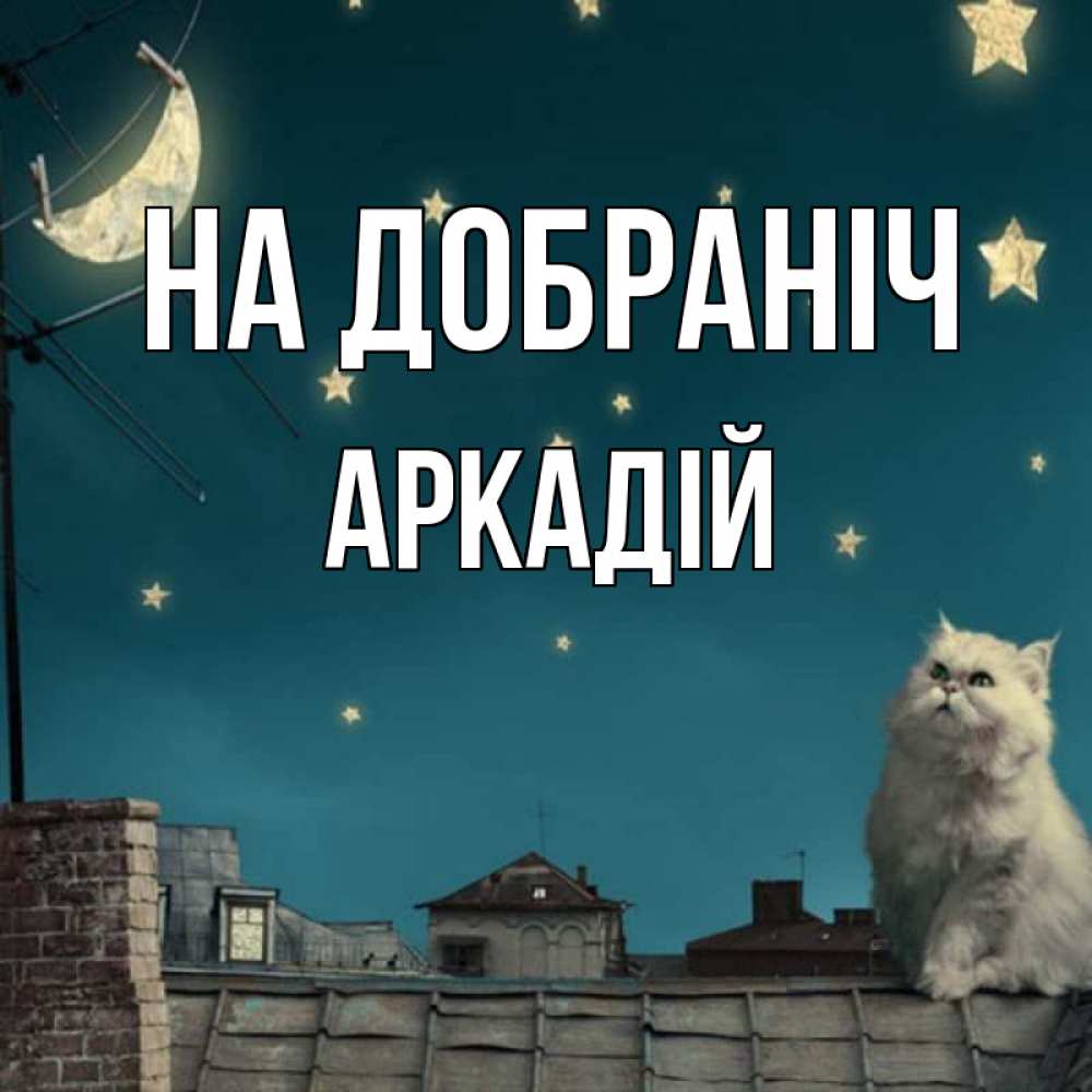 Открытка на каждый день з підписом, Аркадій На добраніч белый кот сидит на крыше Прикольна листівка з побажанням онлайн скачати безкоштовно 