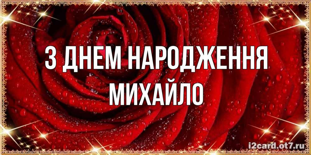 Открытка на каждый день з підписом, Михайло З Днем народження роса на розе блестящая в лучах солнца Прикольна листівка з побажанням онлайн скачати безкоштовно 