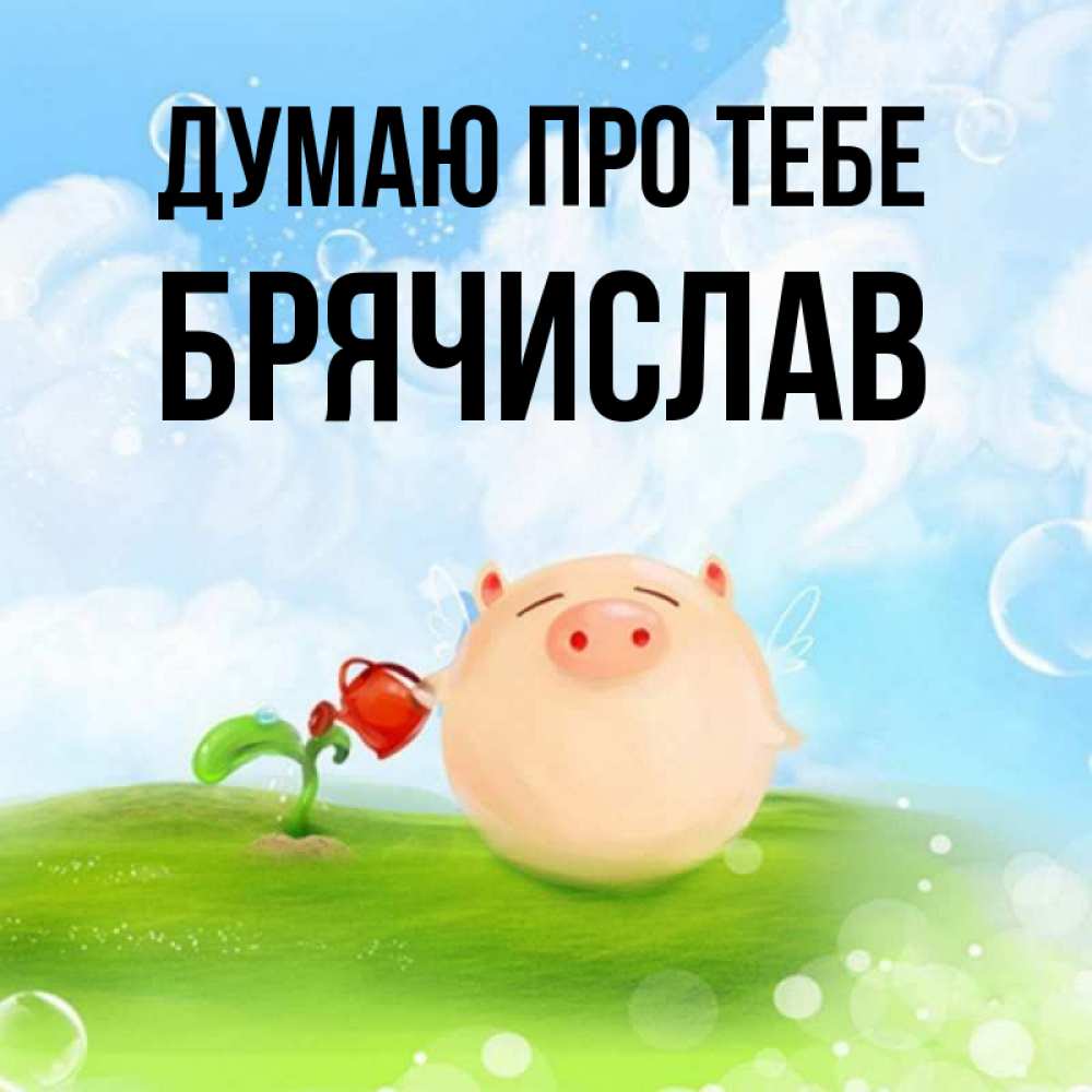 Открытка на каждый день з підписом, Брячислав Думаю про тебе позитивная свинюшка Прикольна листівка з побажанням онлайн скачати безкоштовно 