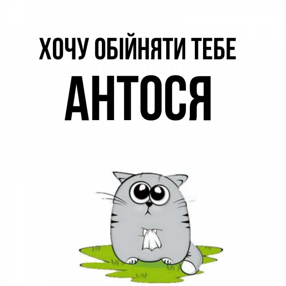 Открытка на каждый день з підписом, Антося Хочу обійняти тебе котик теребит платочек сидя на травке Прикольна листівка з побажанням онлайн скачати безкоштовно 
