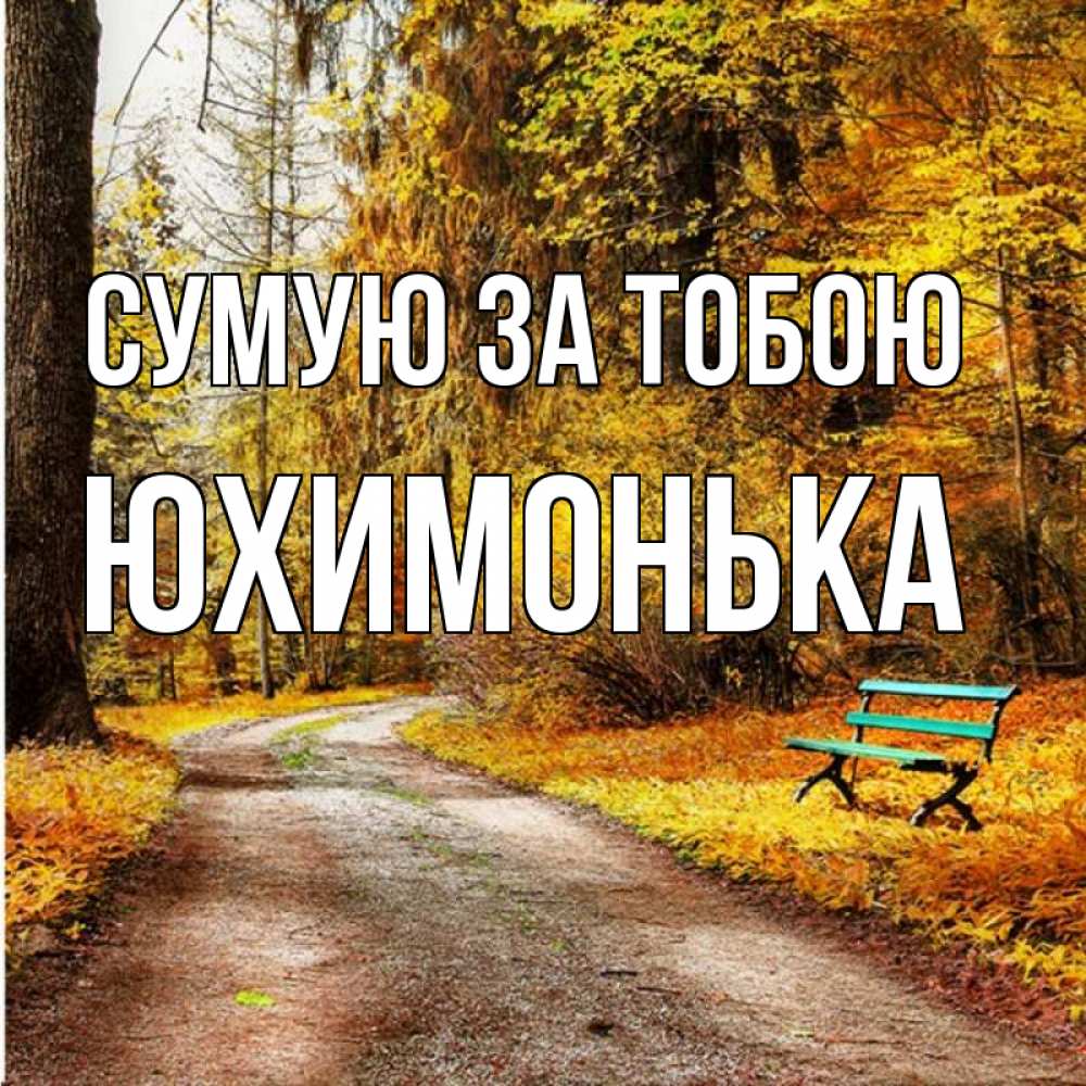 Открытка на каждый день з підписом, Юхимонька Сумую за тобою зеленая лавочка и осенний лес Прикольна листівка з побажанням онлайн скачати безкоштовно 