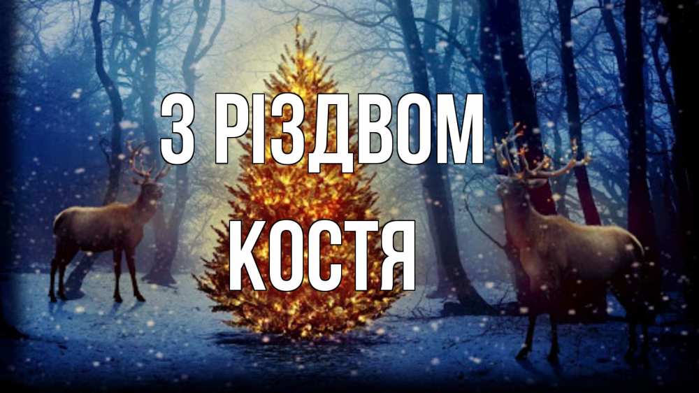 Открытка на каждый день з підписом, Костя З Різдвом олени, новогодняя елка Прикольна листівка з побажанням онлайн скачати безкоштовно 
