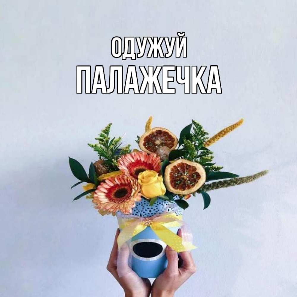 Открытка на каждый день з підписом, Палажечка Одужуй в руках букет полезный Прикольна листівка з побажанням онлайн скачати безкоштовно 