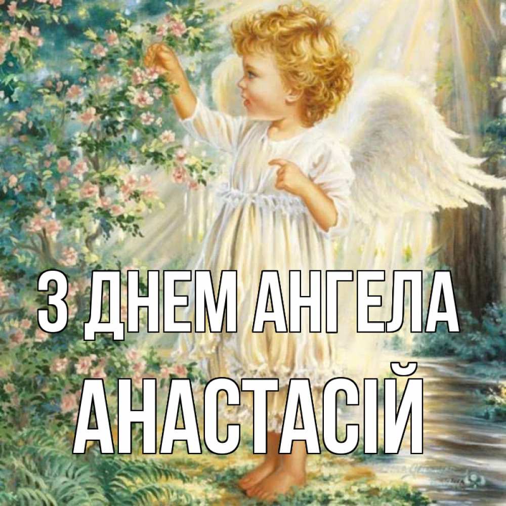 Открытка на каждый день з підписом, Анастасій З Днем ангела собирает цветы Прикольна листівка з побажанням онлайн скачати безкоштовно 