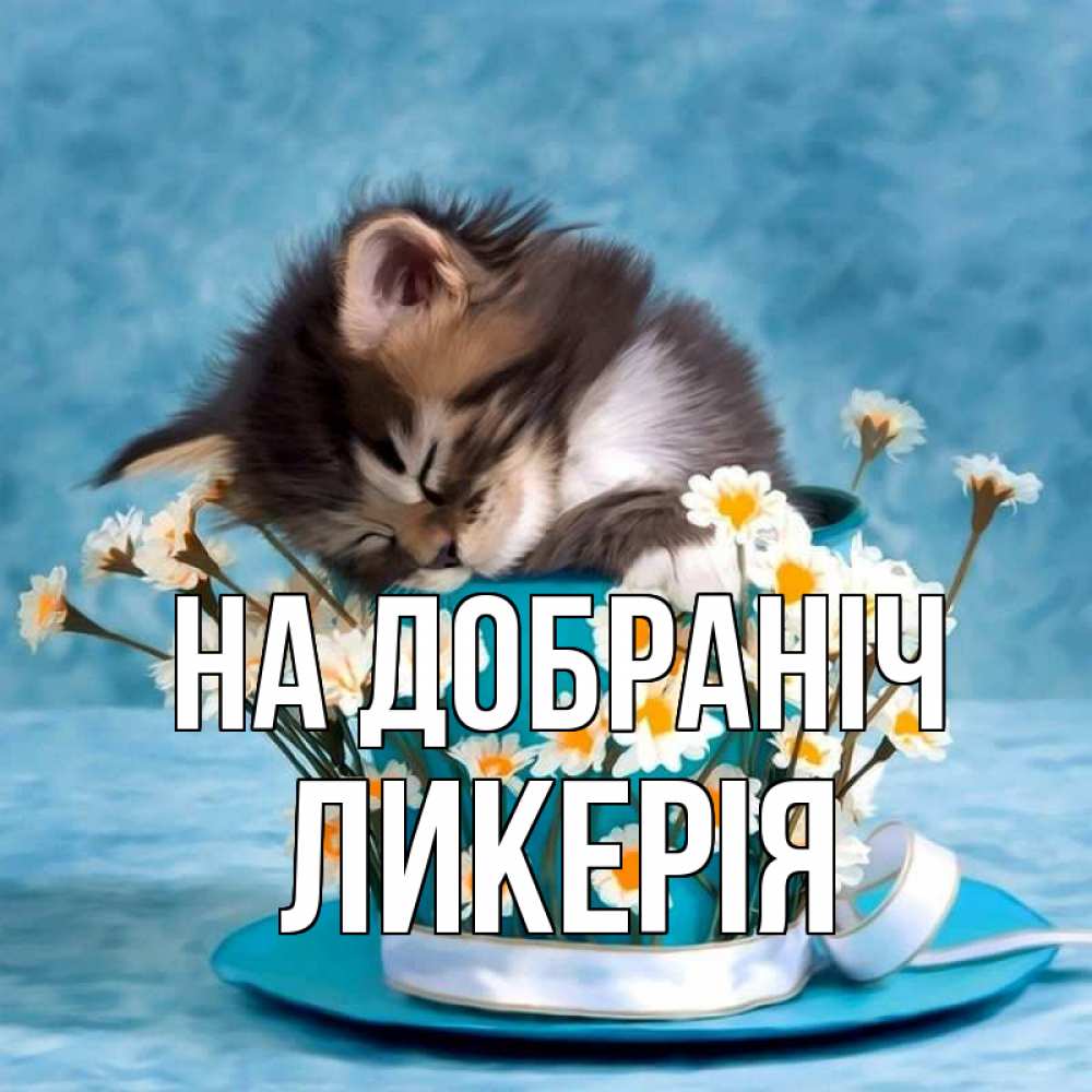 Открытка на каждый день з підписом, Ликерія На добраніч котенок спит в кружке с блюдцем Прикольна листівка з побажанням онлайн скачати безкоштовно 