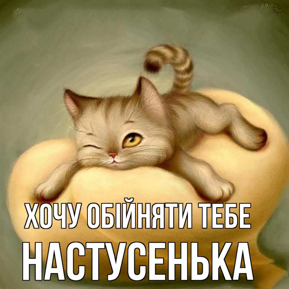 Открытка на каждый день з підписом, Настусенька Хочу обійняти тебе кошечка Прикольна листівка з побажанням онлайн скачати безкоштовно 