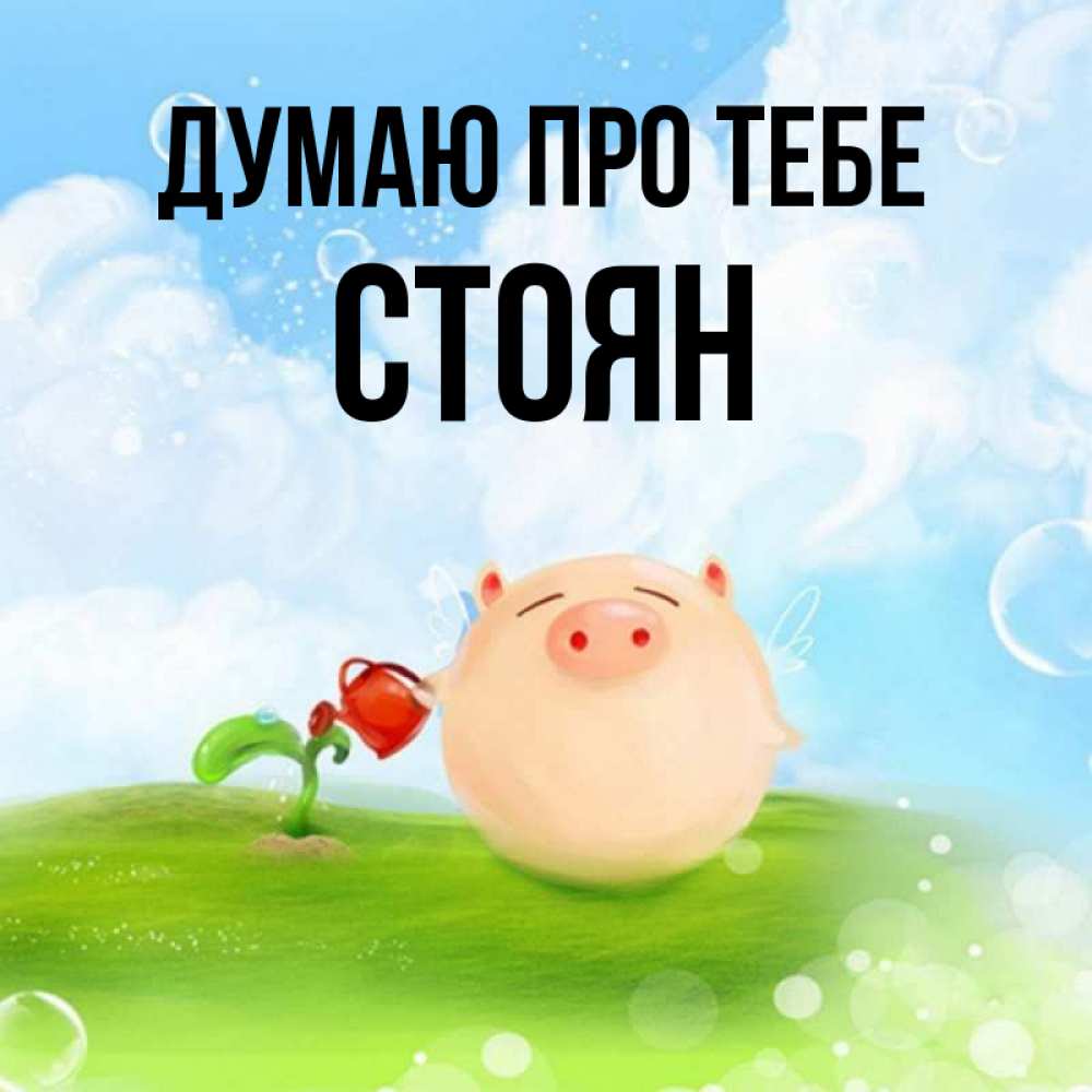 Открытка на каждый день з підписом, Стоян Думаю про тебе позитивная свинюшка Прикольна листівка з побажанням онлайн скачати безкоштовно 