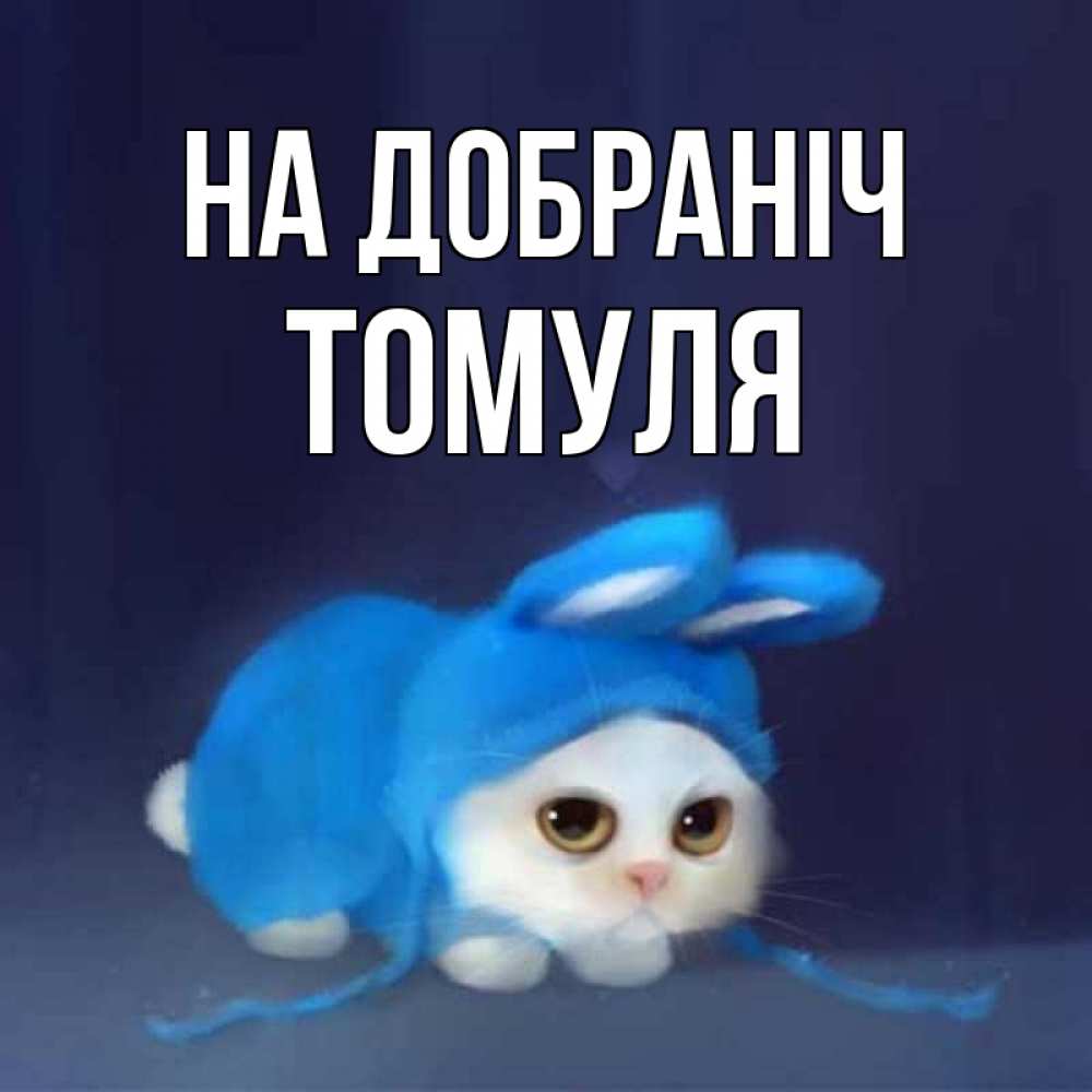 Открытка на каждый день з підписом, Томуля На добраніч кот в голубом костюме кролика с ушками Прикольна листівка з побажанням онлайн скачати безкоштовно 