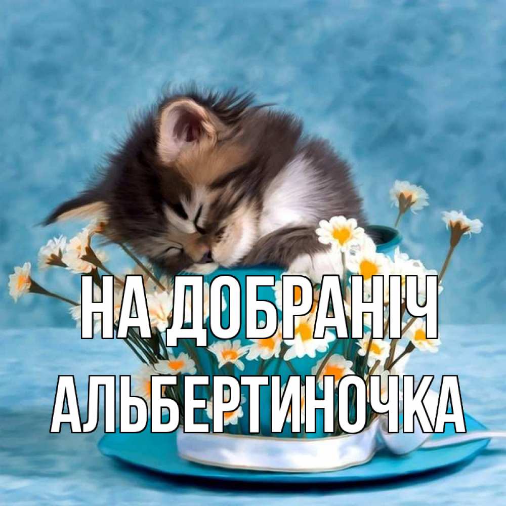 Открытка на каждый день з підписом, Альбертиночка На добраніч котенок спит в кружке с блюдцем Прикольна листівка з побажанням онлайн скачати безкоштовно 