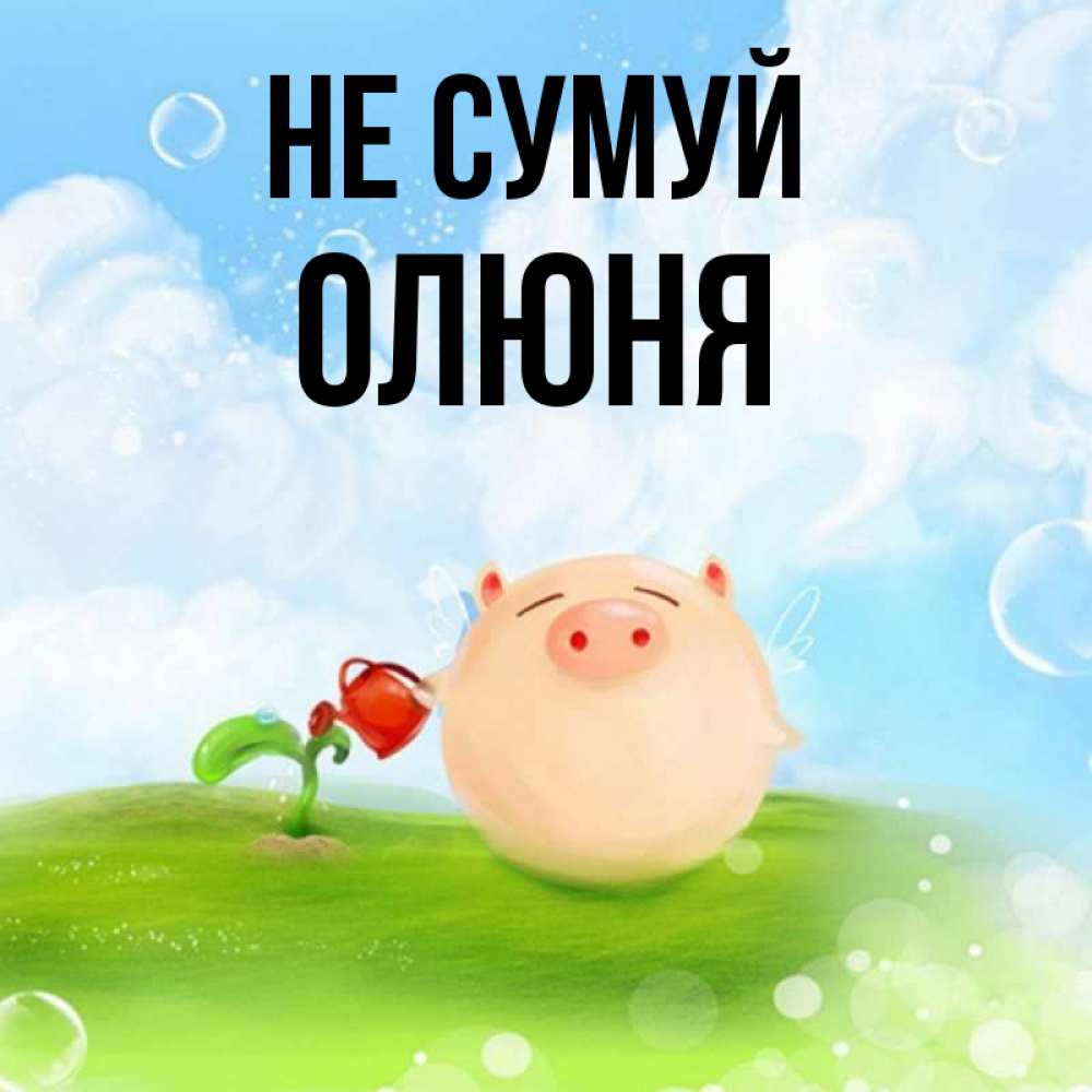 Открытка на каждый день з підписом, Олюня Не сумуй поливает цветок порося Прикольна листівка з побажанням онлайн скачати безкоштовно 
