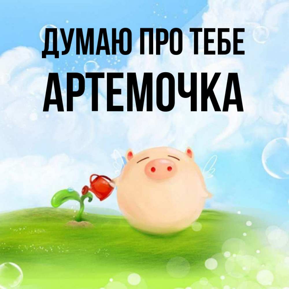 Открытка на каждый день з підписом, Артемочка Думаю про тебе позитивная свинюшка Прикольна листівка з побажанням онлайн скачати безкоштовно 