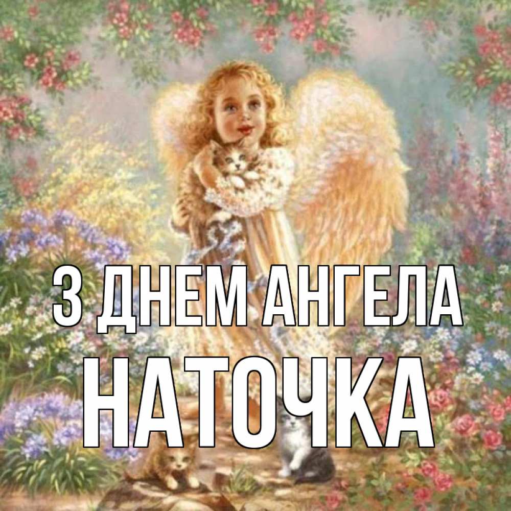 Открытка на каждый день з підписом, Наточка З Днем ангела держит котенка Прикольна листівка з побажанням онлайн скачати безкоштовно 