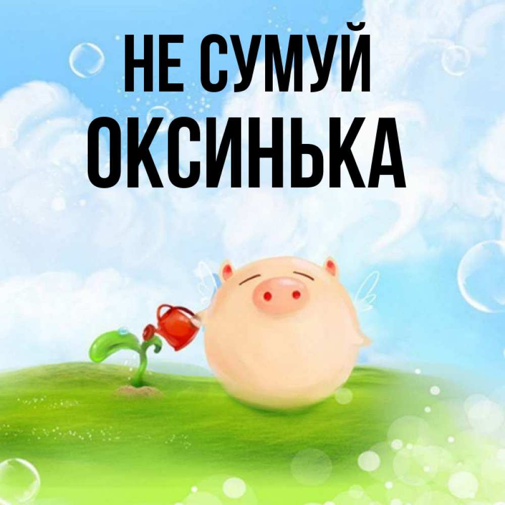 Открытка на каждый день з підписом, Оксинька Не сумуй поливает цветок порося Прикольна листівка з побажанням онлайн скачати безкоштовно 