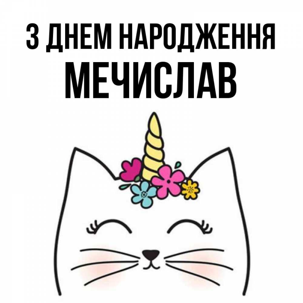 Открытка на каждый день з підписом, Мечислав З Днем народження милый кот с одним рожком Прикольна листівка з побажанням онлайн скачати безкоштовно 