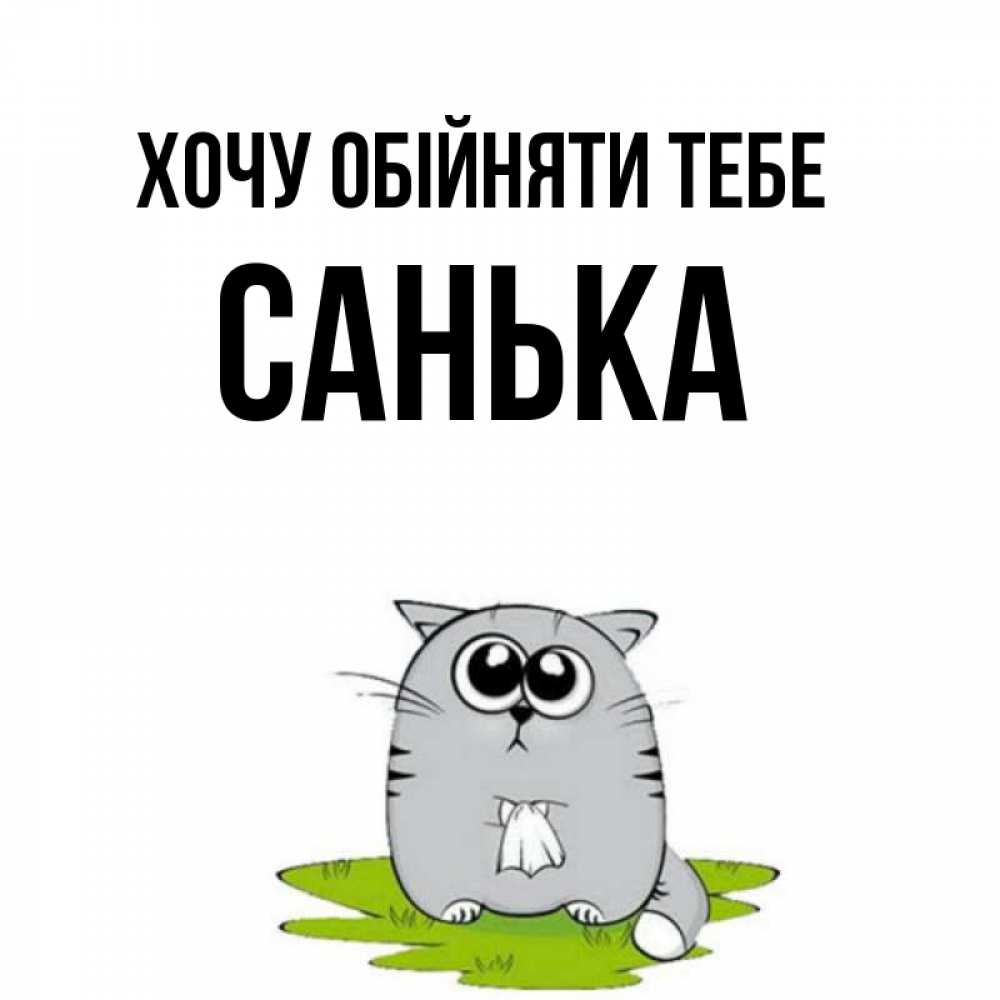 Открытка на каждый день з підписом, Санька Хочу обійняти тебе котик теребит платочек сидя на травке Прикольна листівка з побажанням онлайн скачати безкоштовно 