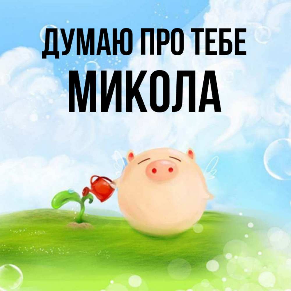 Открытка на каждый день з підписом, Микола Думаю про тебе позитивная свинюшка Прикольна листівка з побажанням онлайн скачати безкоштовно 