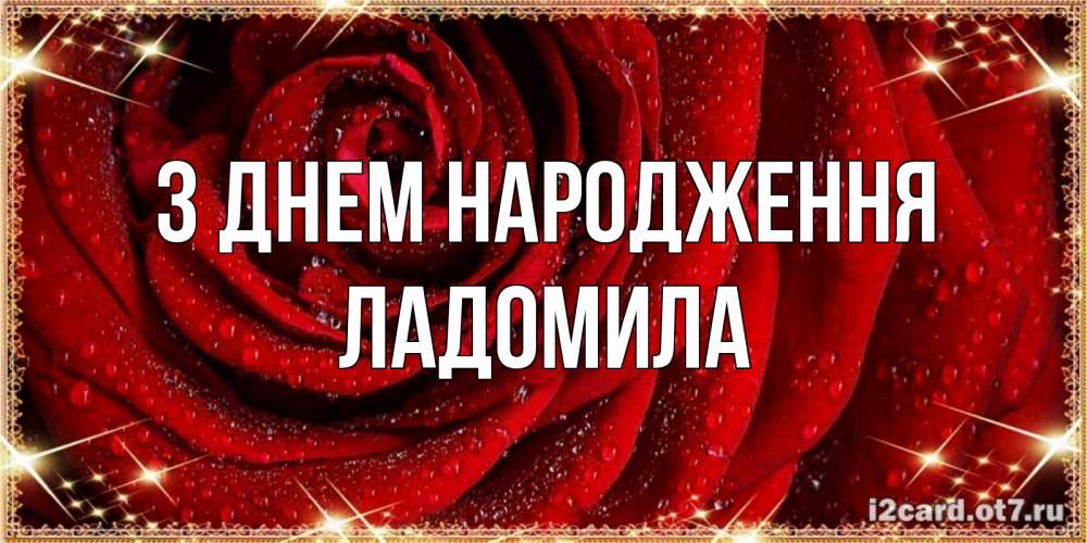 Открытка на каждый день з підписом, Ладомила З Днем народження роса на розе блестящая в лучах солнца Прикольна листівка з побажанням онлайн скачати безкоштовно 