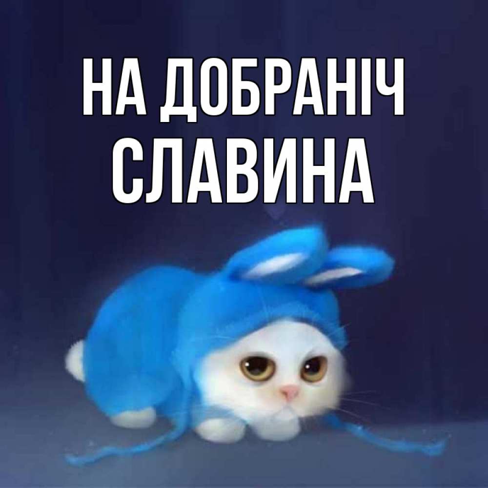 Открытка на каждый день з підписом, Славина На добраніч кот в голубом костюме кролика с ушками Прикольна листівка з побажанням онлайн скачати безкоштовно 