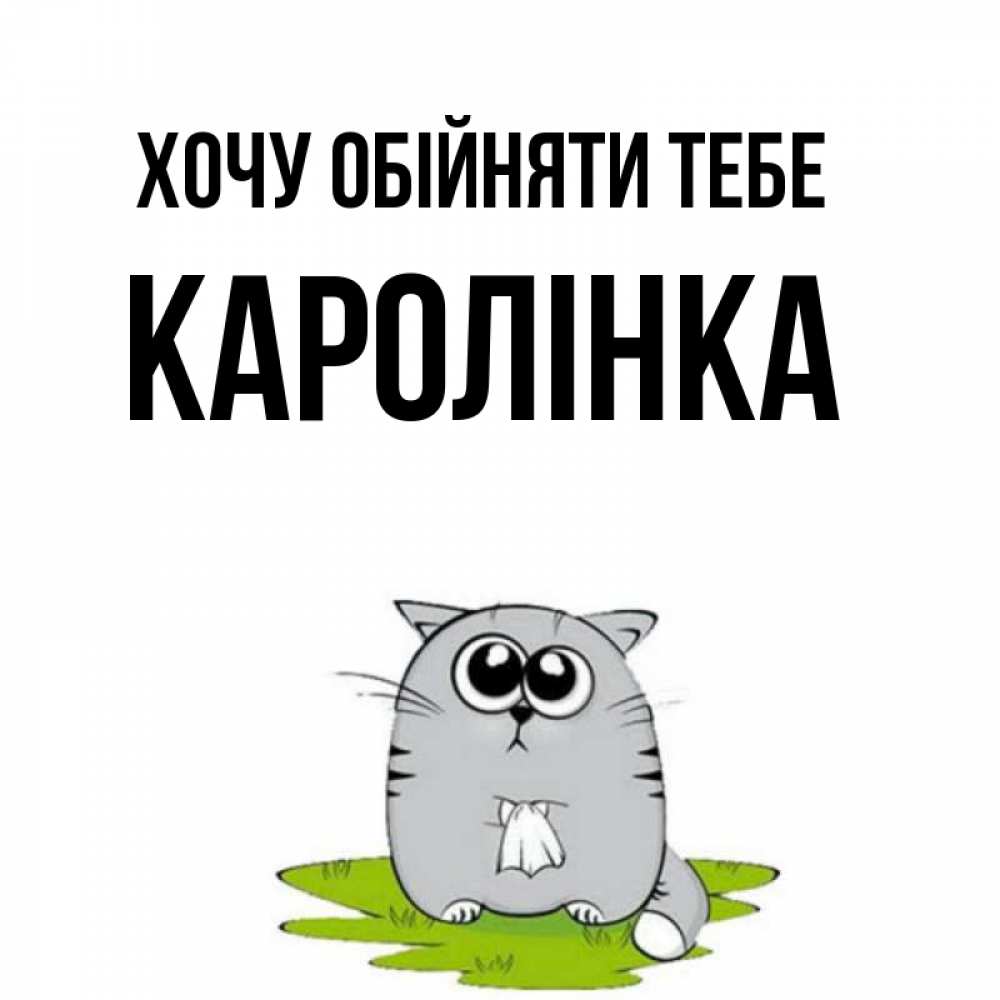 Открытка на каждый день з підписом, Каролінка Хочу обійняти тебе котик теребит платочек сидя на травке Прикольна листівка з побажанням онлайн скачати безкоштовно 