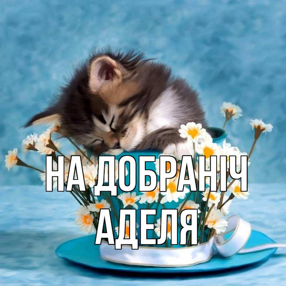 Открытка на каждый день з підписом, Аделя На добраніч котенок спит в кружке с блюдцем Прикольна листівка з побажанням онлайн скачати безкоштовно 