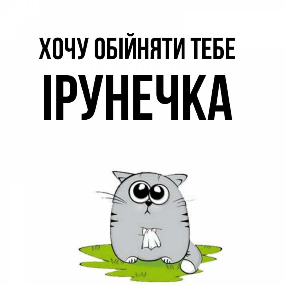 Открытка на каждый день з підписом, Ірунечка Хочу обійняти тебе котик теребит платочек сидя на травке Прикольна листівка з побажанням онлайн скачати безкоштовно 