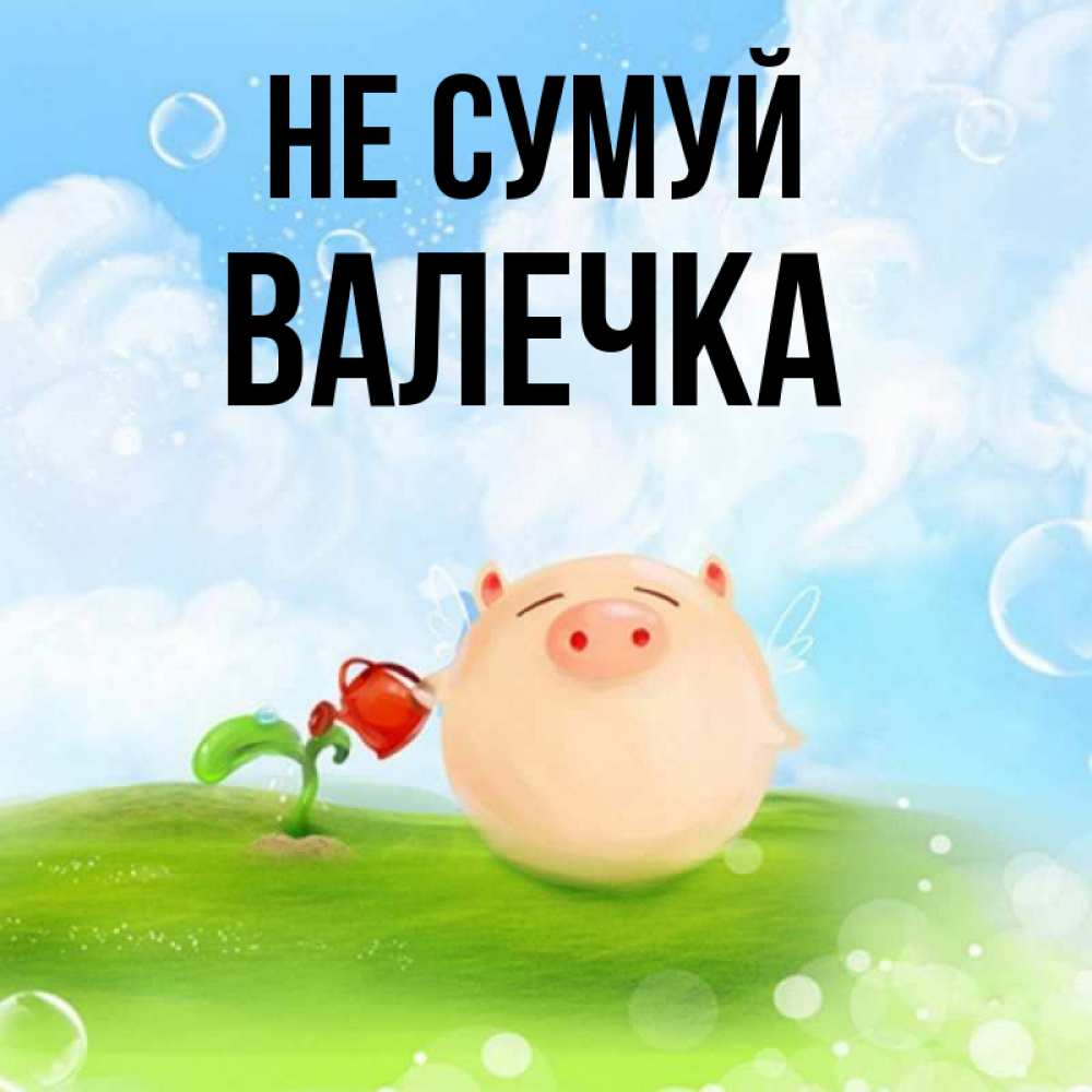 Открытка на каждый день з підписом, Валечка Не сумуй поливает цветок порося Прикольна листівка з побажанням онлайн скачати безкоштовно 