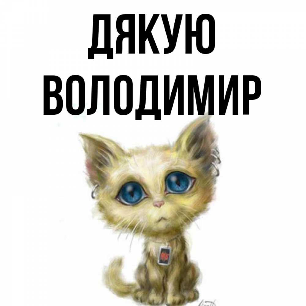 Открытка на каждый день з підписом, Володимир Дякую рисованный кот благодарит вас Прикольна листівка з побажанням онлайн скачати безкоштовно 