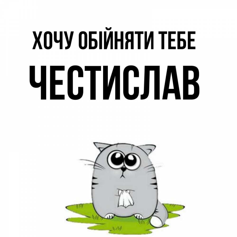 Открытка на каждый день з підписом, Честислав Хочу обійняти тебе котик теребит платочек сидя на травке Прикольна листівка з побажанням онлайн скачати безкоштовно 