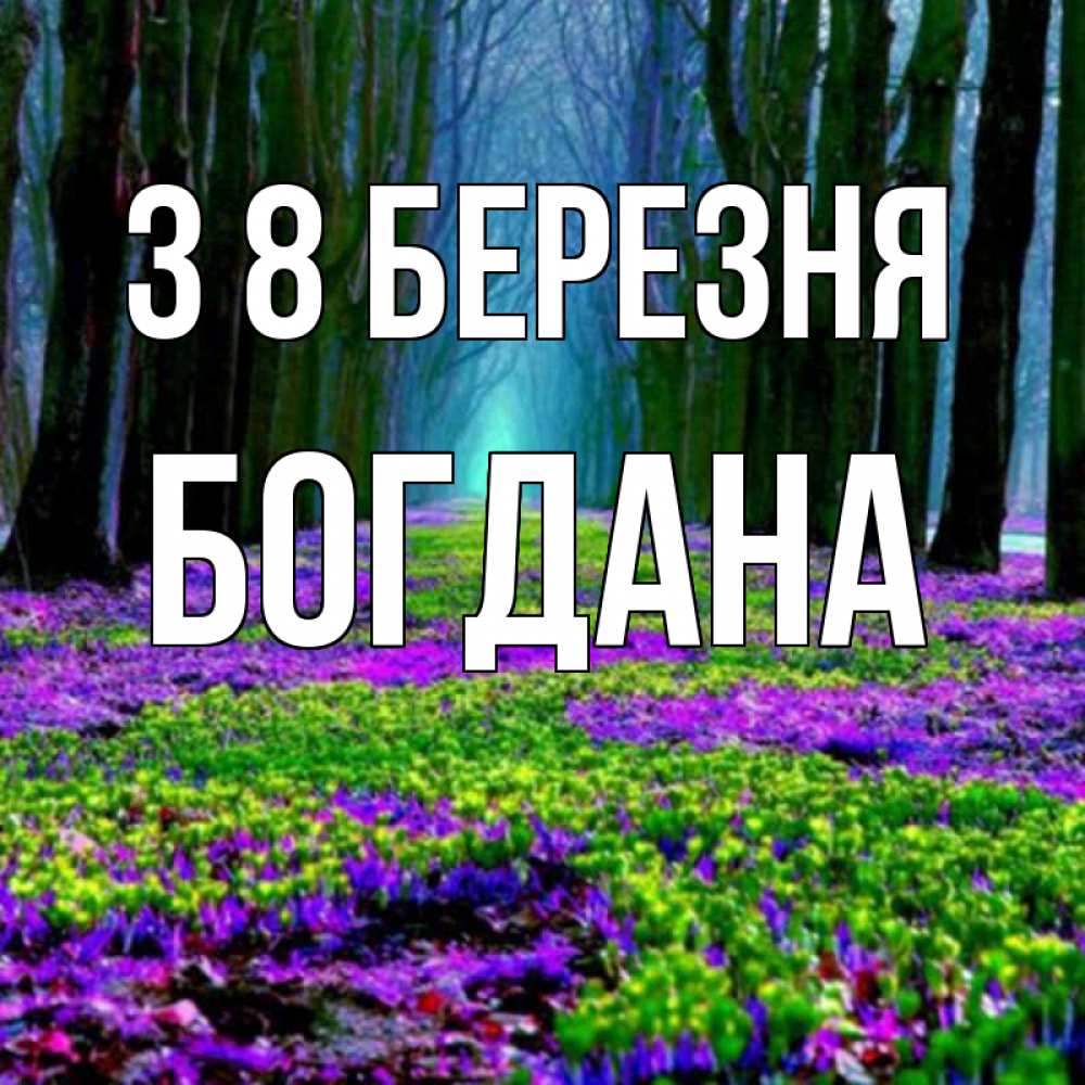 Открытка на каждый день з підписом, Богдана З 8 БЕРЕЗНЯ фиолетовые цветы в лесу 1 Прикольна листівка з побажанням онлайн скачати безкоштовно 