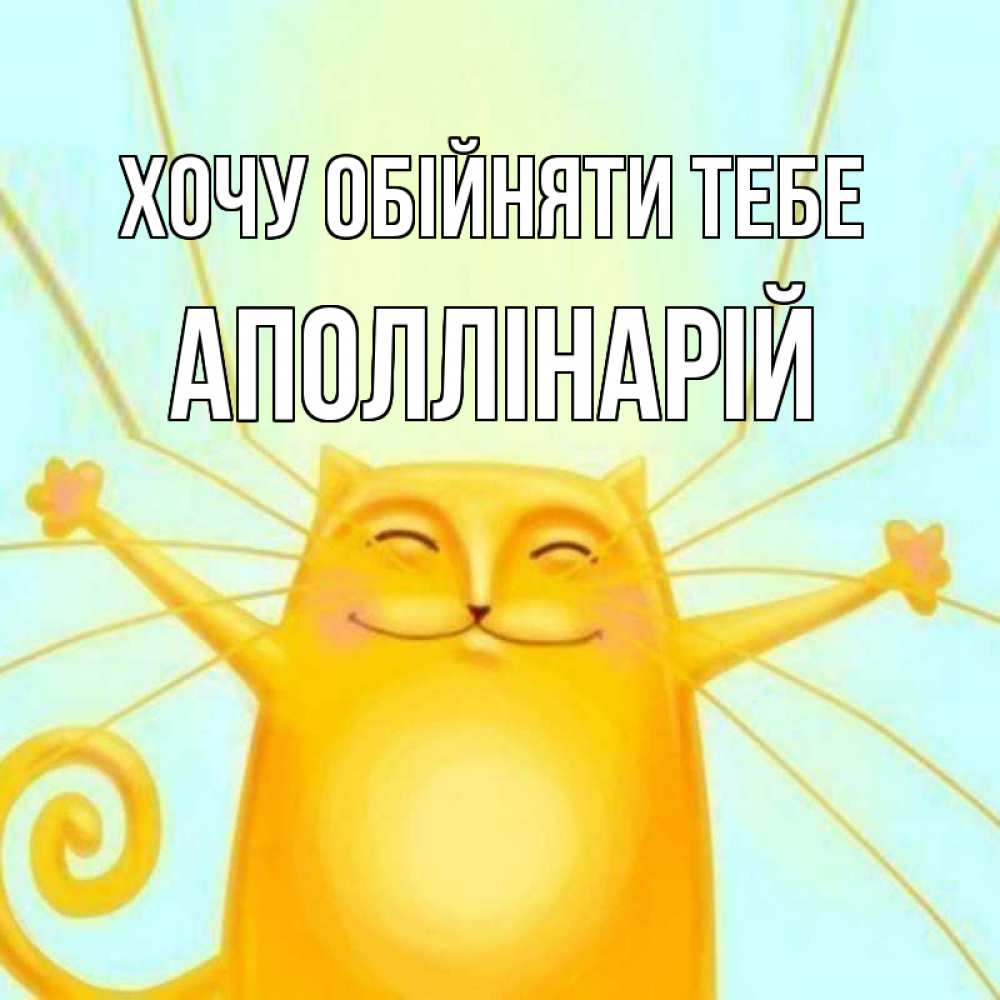 Открытка на каждый день з підписом, Аполлінарій Хочу обійняти тебе солнечный обнимашечный кот Прикольна листівка з побажанням онлайн скачати безкоштовно 