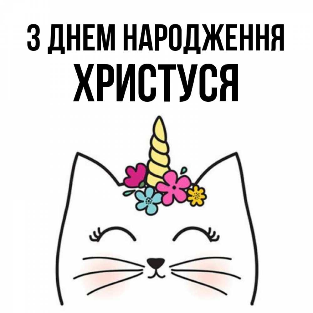 Открытка на каждый день з підписом, Христуся З Днем народження милый кот с одним рожком Прикольна листівка з побажанням онлайн скачати безкоштовно 