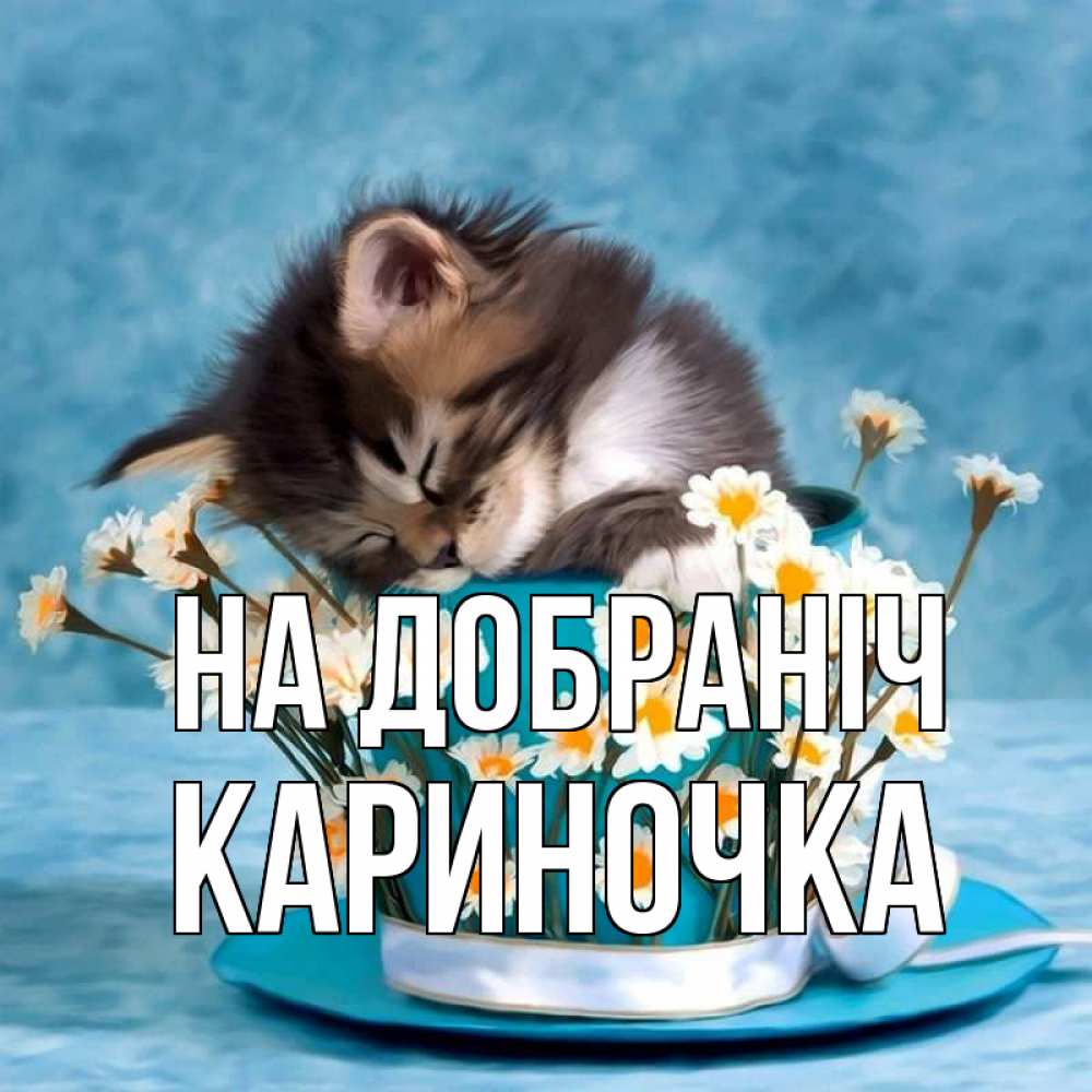 Открытка на каждый день з підписом, Кариночка На добраніч котенок спит в кружке с блюдцем Прикольна листівка з побажанням онлайн скачати безкоштовно 