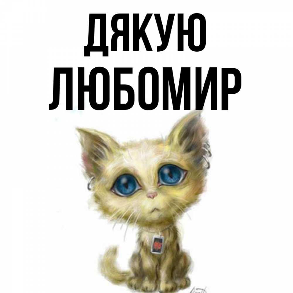 Открытка на каждый день з підписом, Любомир Дякую рисованный кот благодарит вас Прикольна листівка з побажанням онлайн скачати безкоштовно 