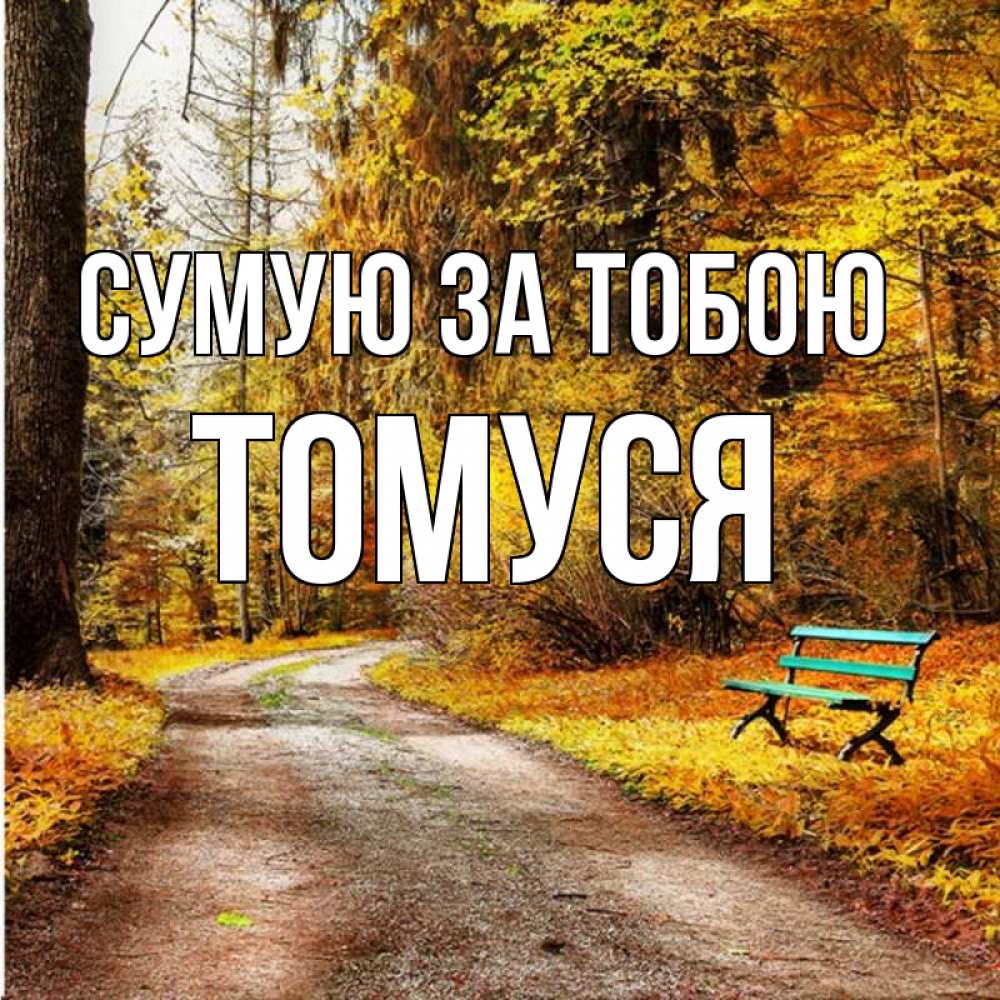 Открытка на каждый день з підписом, Томуся Сумую за тобою зеленая лавочка и осенний лес Прикольна листівка з побажанням онлайн скачати безкоштовно 