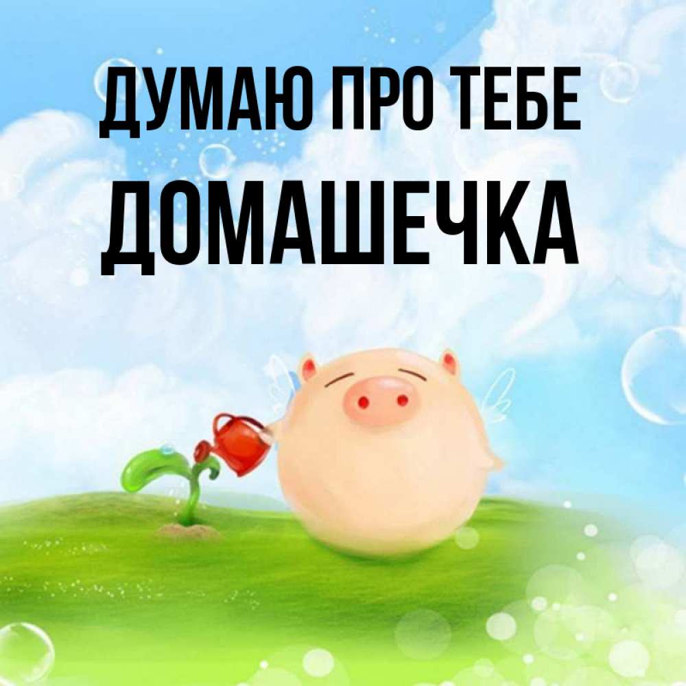Открытка на каждый день з підписом, Домашечка Думаю про тебе позитивная свинюшка Прикольна листівка з побажанням онлайн скачати безкоштовно 