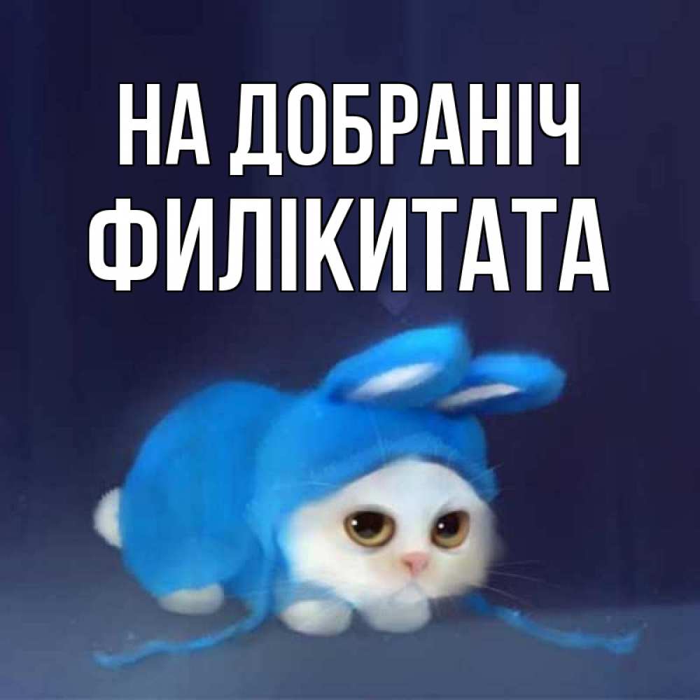 Открытка на каждый день з підписом, Филікитата На добраніч кот в голубом костюме кролика с ушками Прикольна листівка з побажанням онлайн скачати безкоштовно 