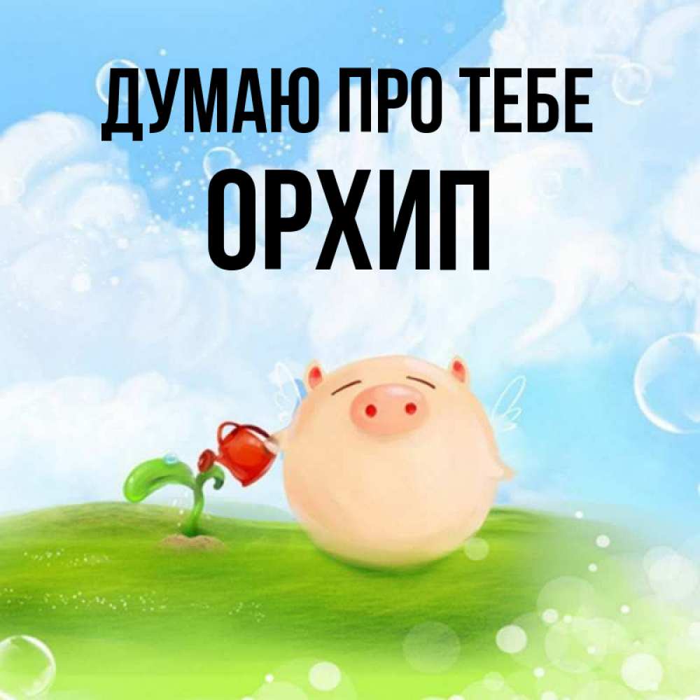 Открытка на каждый день з підписом, Орхип Думаю про тебе позитивная свинюшка Прикольна листівка з побажанням онлайн скачати безкоштовно 