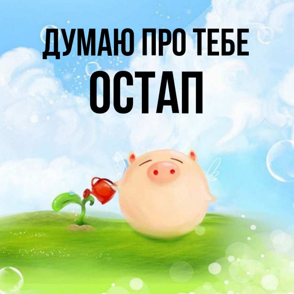 Открытка на каждый день з підписом, Остап Думаю про тебе позитивная свинюшка Прикольна листівка з побажанням онлайн скачати безкоштовно 