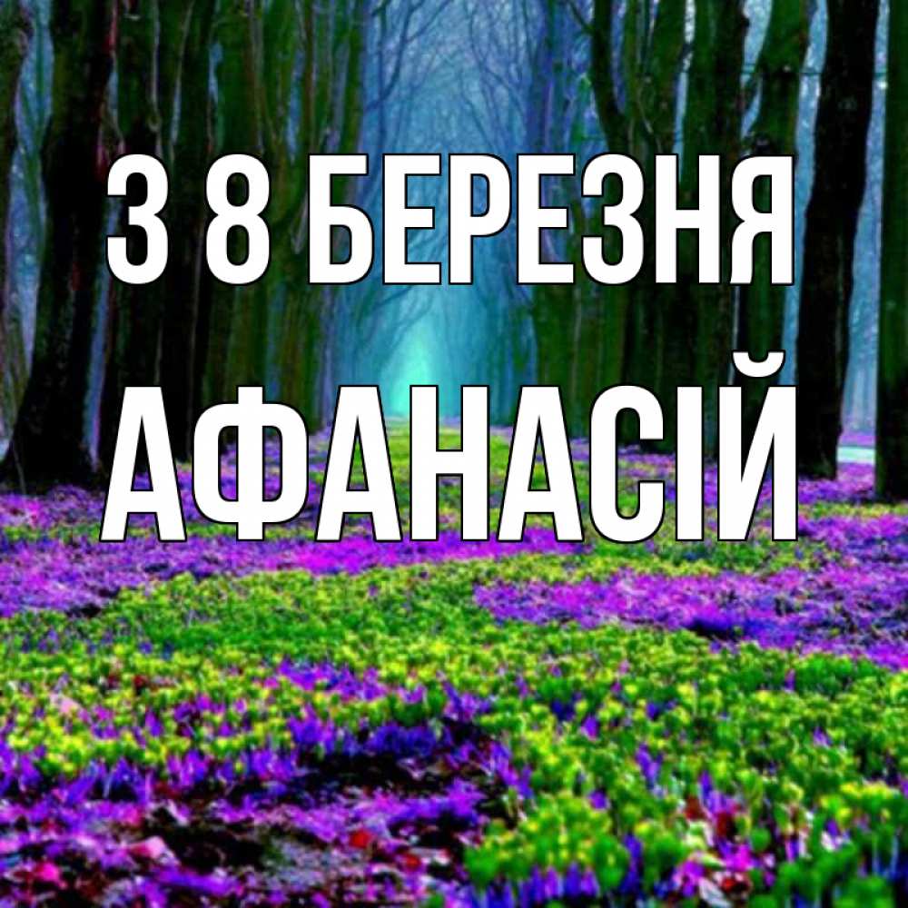 Открытка на каждый день з підписом, Афанасій З 8 БЕРЕЗНЯ фиолетовые цветы в лесу 1 Прикольна листівка з побажанням онлайн скачати безкоштовно 