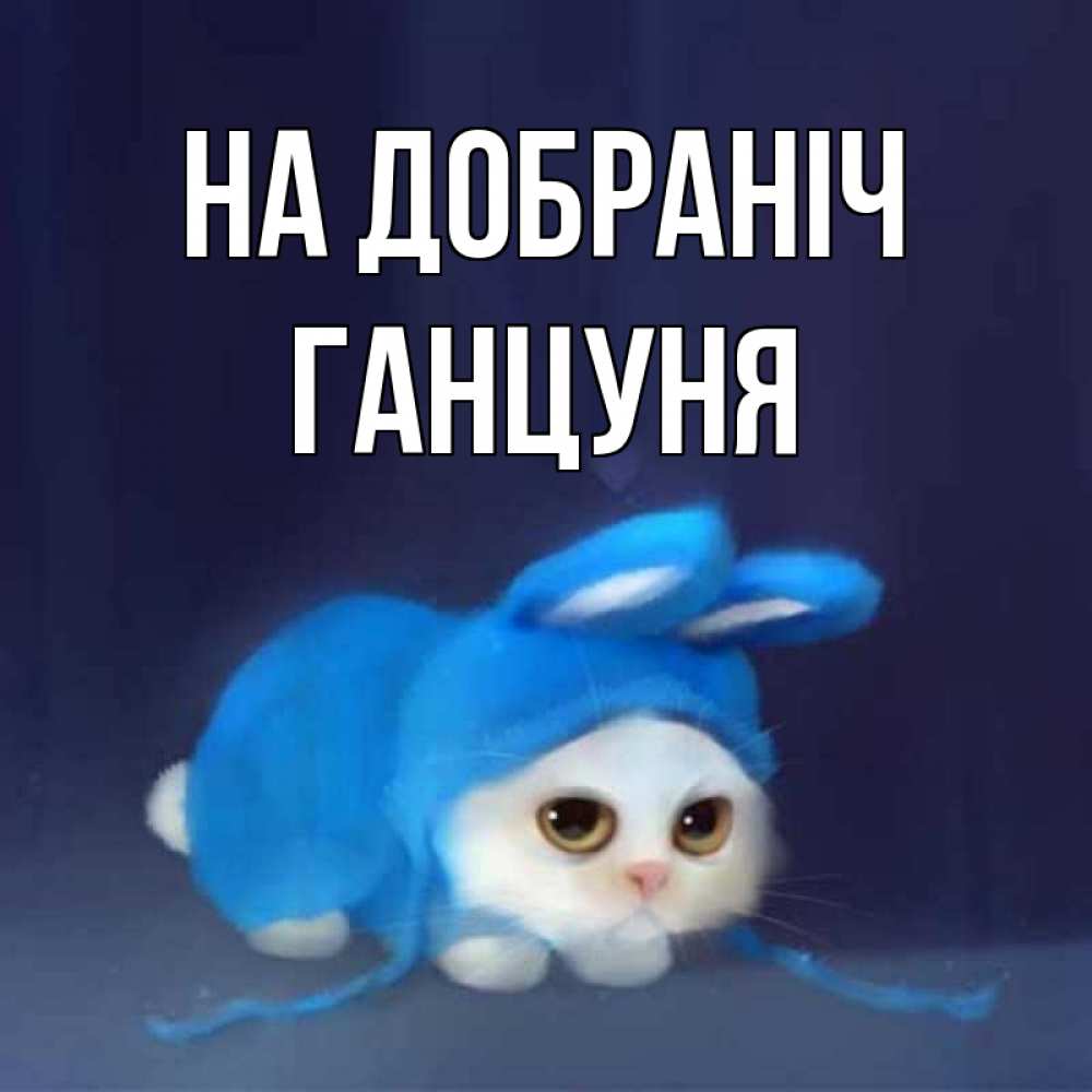 Открытка на каждый день з підписом, Ганцуня На добраніч кот в голубом костюме кролика с ушками Прикольна листівка з побажанням онлайн скачати безкоштовно 