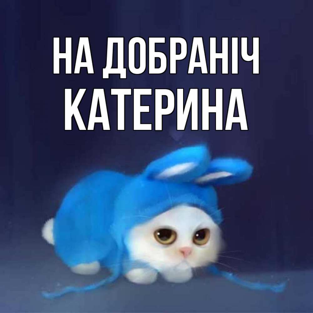 Открытка на каждый день з підписом, Катерина На добраніч кот в голубом костюме кролика с ушками Прикольна листівка з побажанням онлайн скачати безкоштовно 