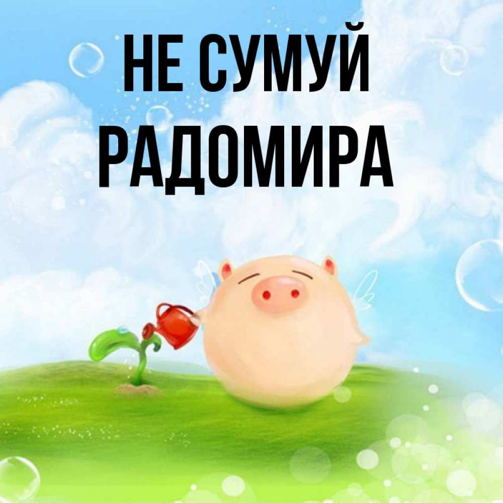 Открытка на каждый день з підписом, Радомира Не сумуй поливает цветок порося Прикольна листівка з побажанням онлайн скачати безкоштовно 
