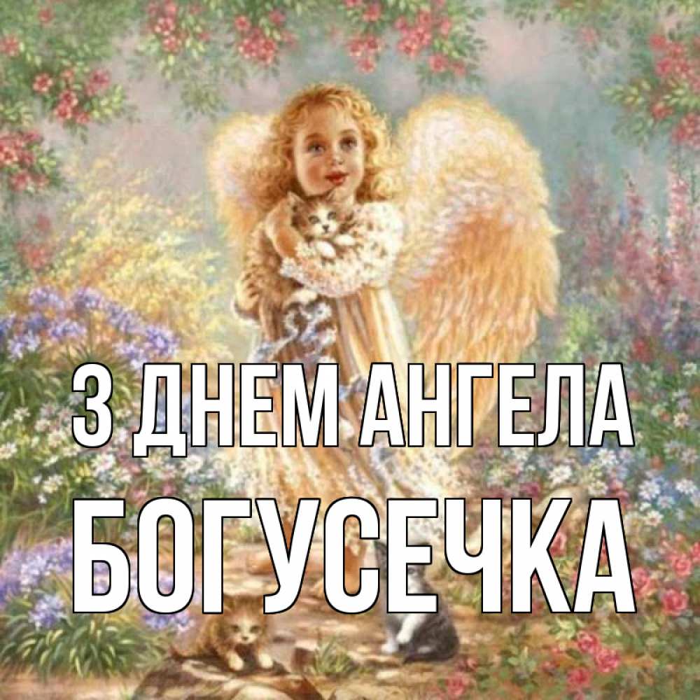Открытка на каждый день з підписом, Богусечка З Днем ангела держит котенка Прикольна листівка з побажанням онлайн скачати безкоштовно 