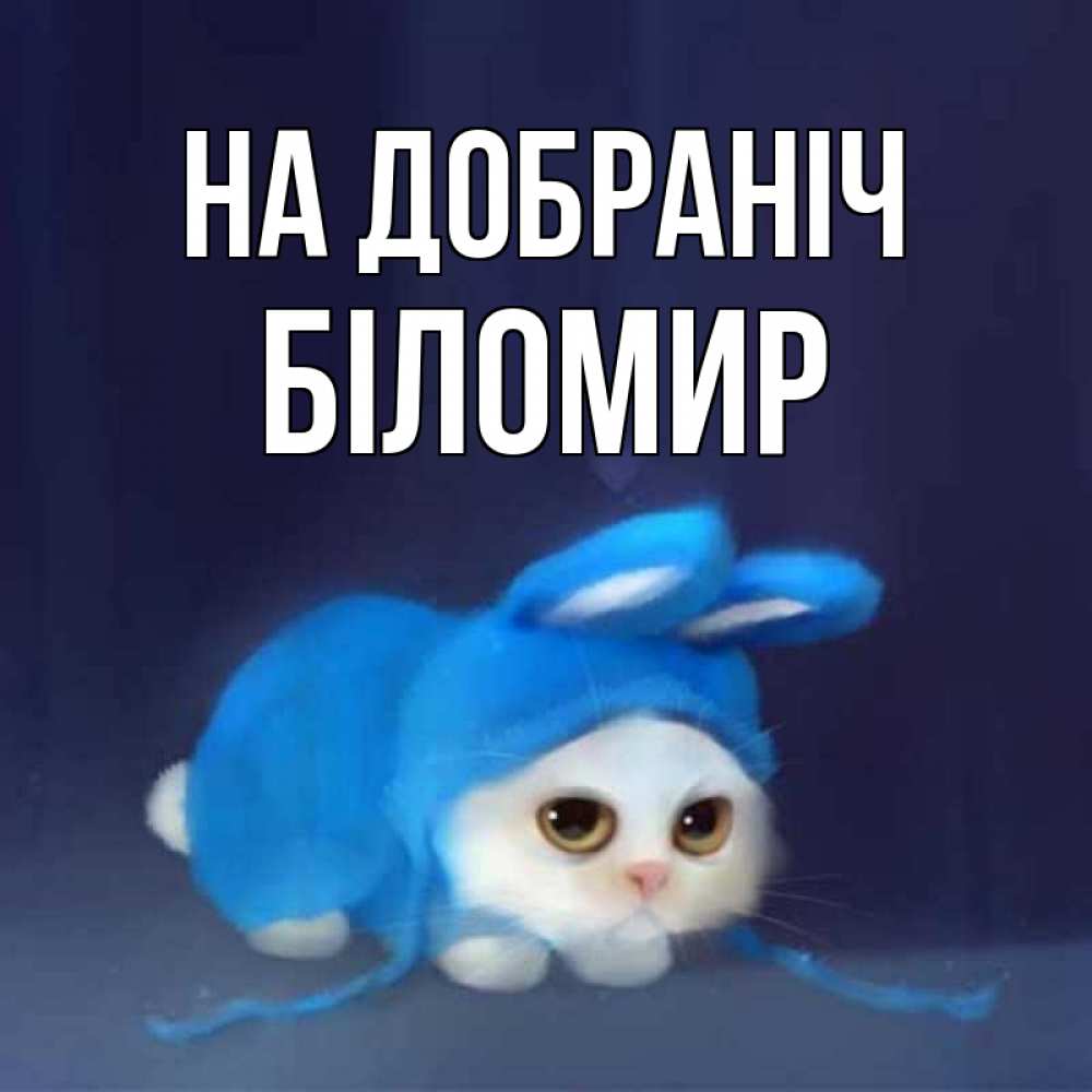 Открытка на каждый день з підписом, Біломир На добраніч кот в голубом костюме кролика с ушками Прикольна листівка з побажанням онлайн скачати безкоштовно 