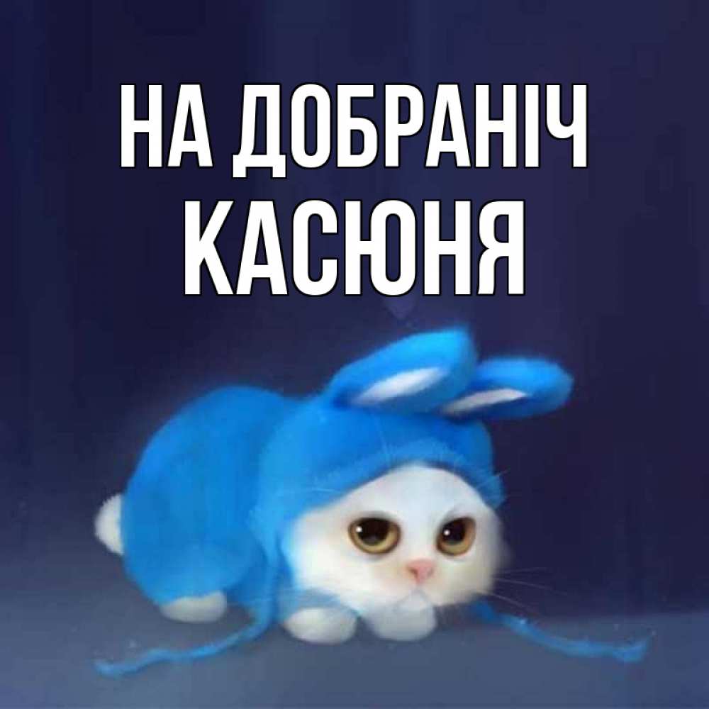 Открытка на каждый день з підписом, Касюня На добраніч кот в голубом костюме кролика с ушками Прикольна листівка з побажанням онлайн скачати безкоштовно 