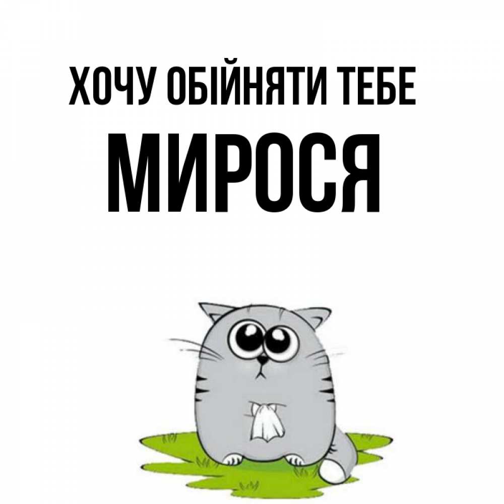 Открытка на каждый день з підписом, Мирося Хочу обійняти тебе котик теребит платочек сидя на травке Прикольна листівка з побажанням онлайн скачати безкоштовно 