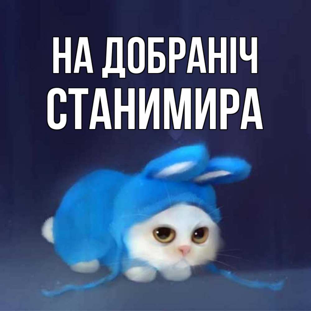 Открытка на каждый день з підписом, Станимира На добраніч кот в голубом костюме кролика с ушками Прикольна листівка з побажанням онлайн скачати безкоштовно 