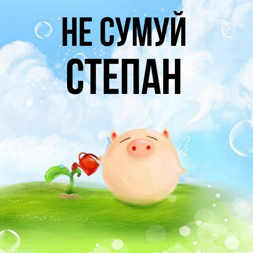 Открытка на каждый день з підписом, Степан Не сумуй поливает цветок порося Прикольна листівка з побажанням онлайн скачати безкоштовно 