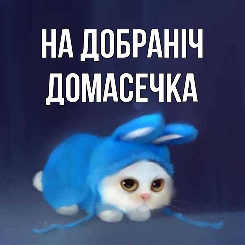 Открытка на каждый день з підписом, Домасечка На добраніч кот в голубом костюме кролика с ушками Прикольна листівка з побажанням онлайн скачати безкоштовно 