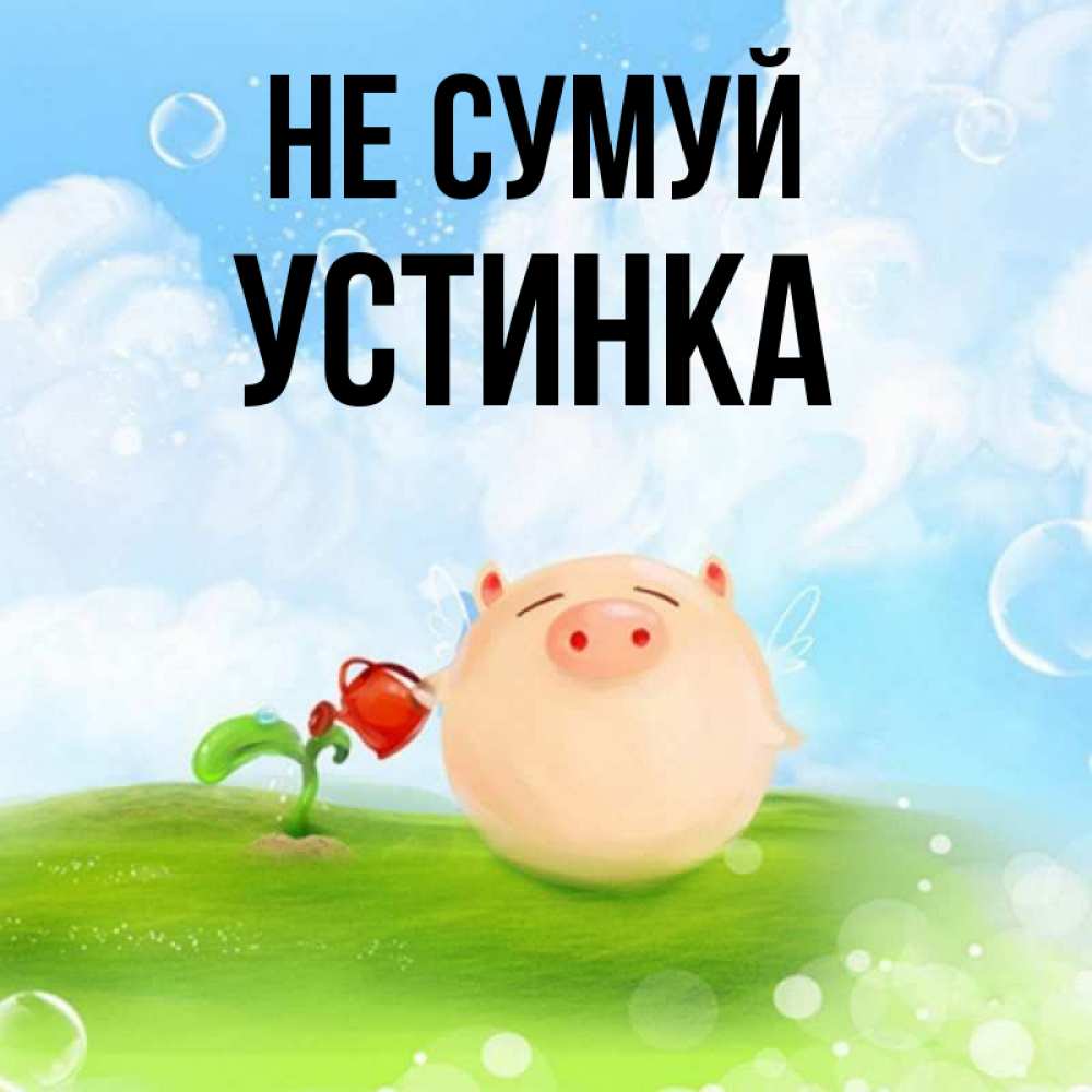 Открытка на каждый день з підписом, Устинка Не сумуй поливает цветок порося Прикольна листівка з побажанням онлайн скачати безкоштовно 